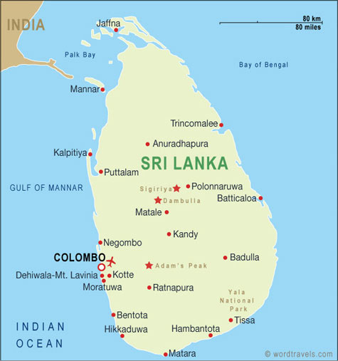 carte du Sri Lanka, ile de l'ocean Indien, entre le golf de  bengal et le golf de Mannar